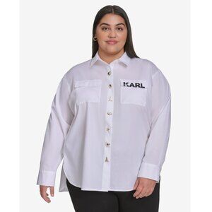 KARL LAGERFELD PARIS Womens Plus Poplin Motif Button Up Shirt White Size 2X NWT